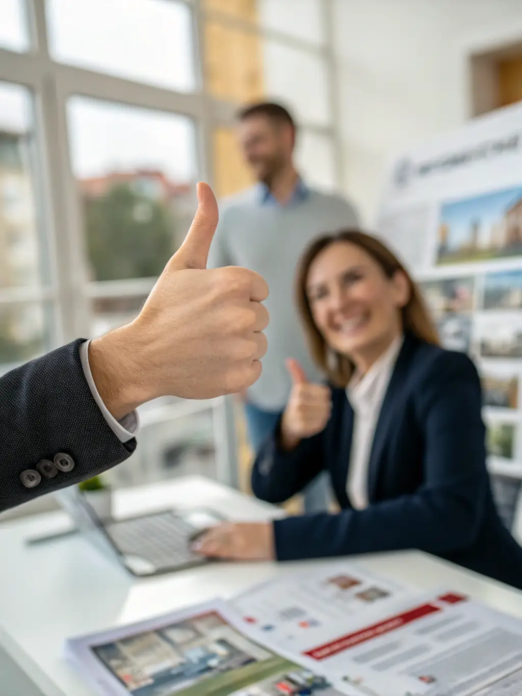 A hand giving a thumbs up, symbolizing satisfaction and a money-back guarantee, with a blurred background of a happy real estate agent.