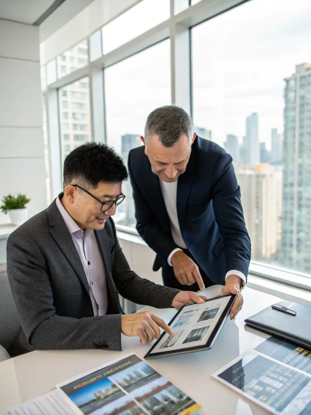 A real estate agent reviewing a property brochure and virtual tour on a tablet, with a satisfied expression, indicating approval of the content.