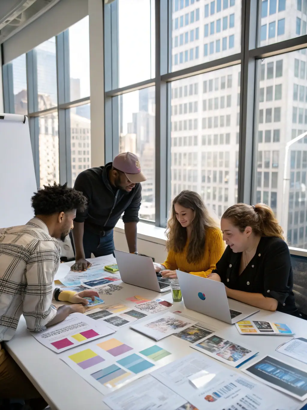 A team of ListSmart content creators working collaboratively on computers, enhancing images and writing compelling descriptions for a property listing.